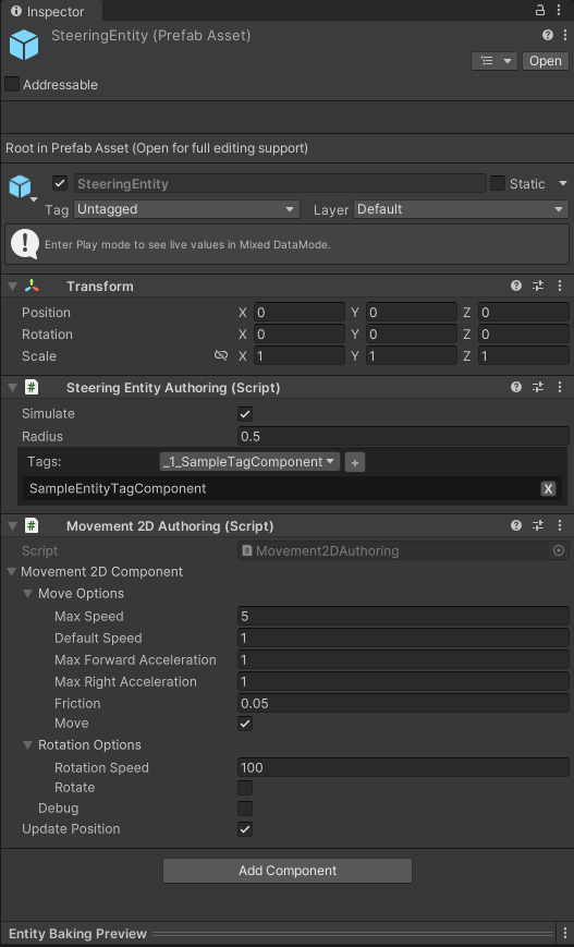 Minimal Steering Entity Prefab